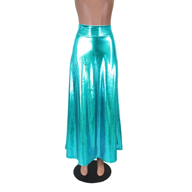 Sexy Shiny Laser High Waist Long Skirt Liquid Metallic Pole Dance Clothing Womens Party A-Line Swing Skirt Plus Size Clubwear