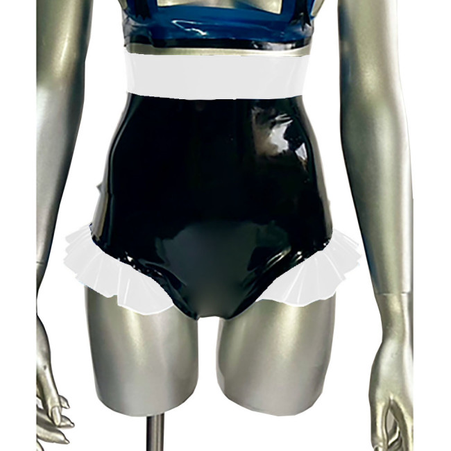 Women High Waist PVC Shiny Short Pants with Ruffles Wetlook Shaping Glossy Faux Leather Boxer Sexy Bow Shorts Bottom Clubwear