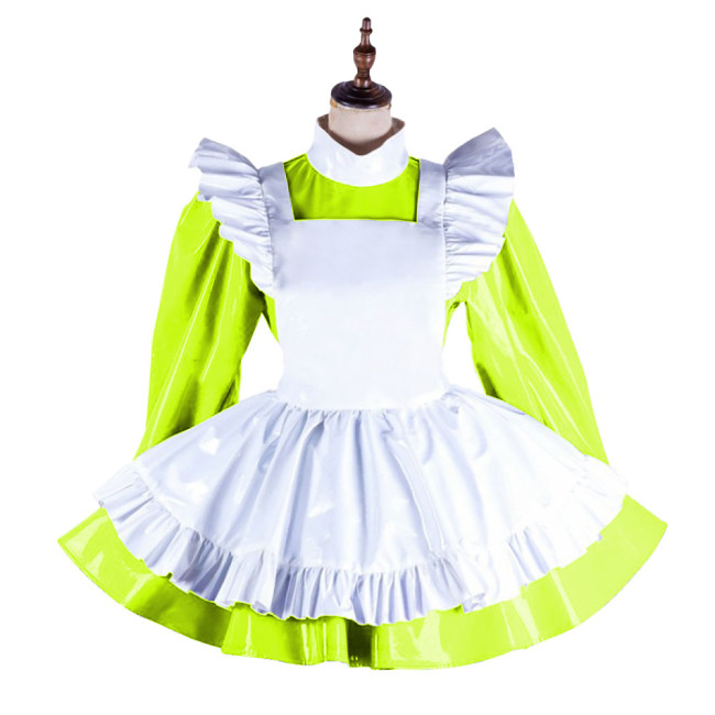 Lockable Lolita Wet PVC Leather Maid Uniform Exotic French Party Cosplay Outfits Sissy Long Sleeve A-line Maid Dress with Apron