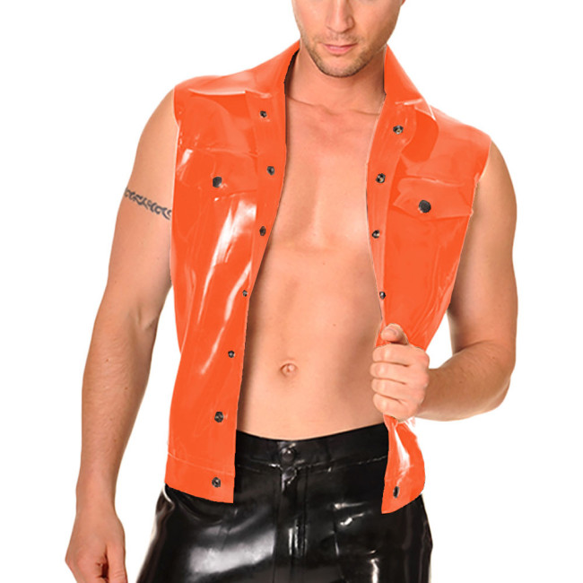 Mens Motorcycle Wet PVC Leather Vest Tops Plus Size Male Sleeveless Turn-down Collar Slim Jacket Punk Single-breasted Tank Shirt