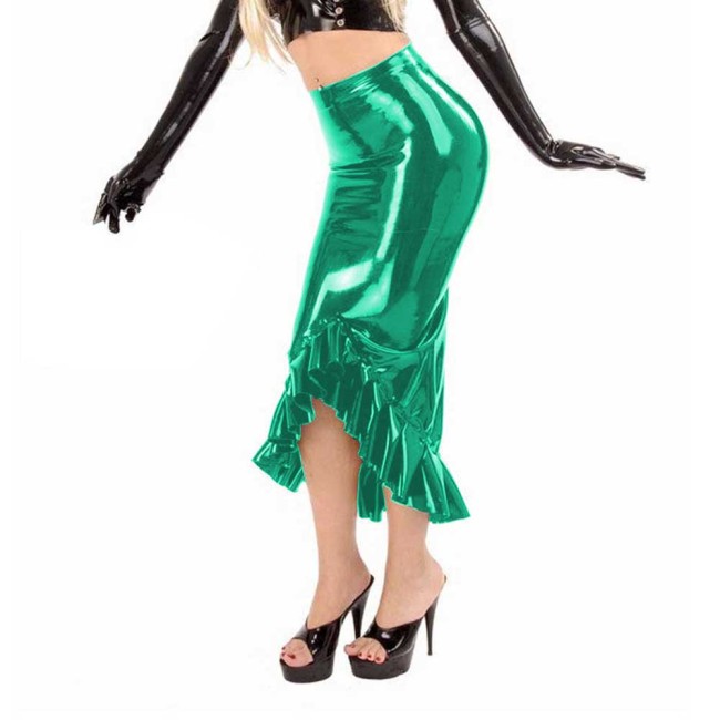 Elegant Faux Latex Look Midi Pencil Skirt Glossy PVC Leather High Waist Ruffles Skirt Women Sexy Bodycon Mermaid Skirts Clubwear