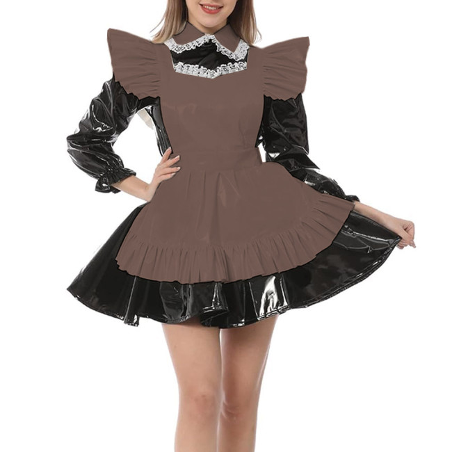 Long Sleeve A-line Maid Dress with Apron Wetlook PVC Leather Turn-down Neck Maid Uniform Exotic French Party Cosplay Costume 7XL