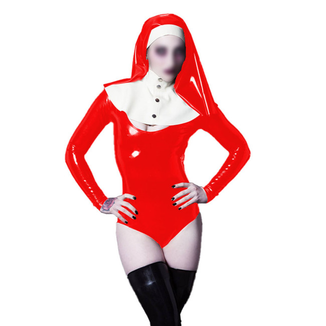 Wetlook Nun Cosplay Costume Sexy V-neck Long Sleeve PVC Bodysuit with Nun Habit Headgear Halloween Party Sister Role Play Outfit