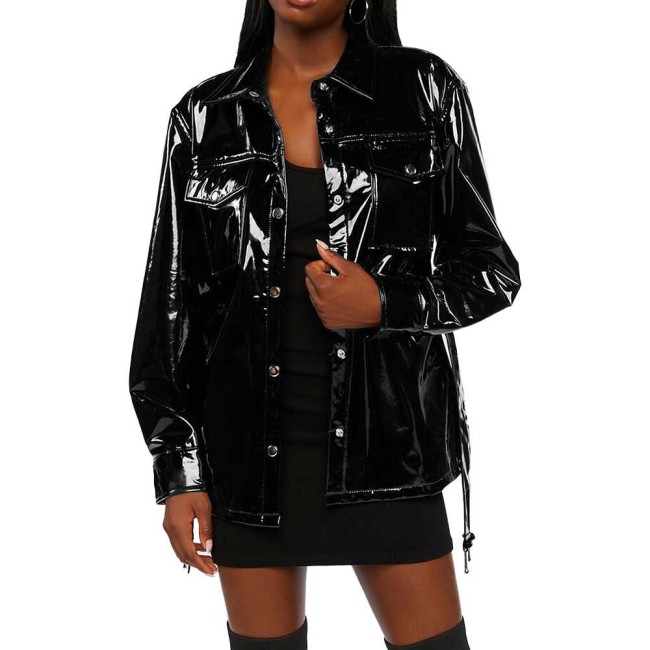 Women Shiny Long Sleeve PVC Leather Belted Jackets Ladies Wetlook Turn-down Collar Shirt Trench Coat Fashion Solid Streetwear