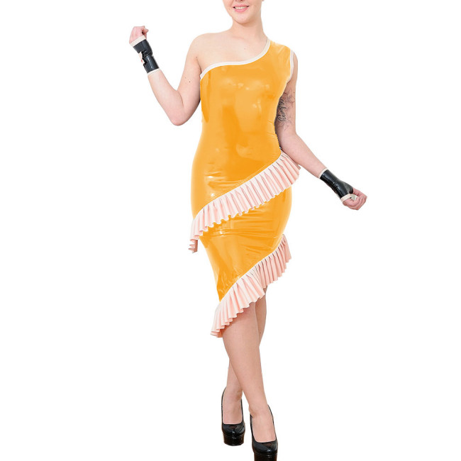 Ladies One-shoulder Sheath Cocktail Party Midi Dress Sexy Shiny PVC Leather Sleeveless Prom Dresses Wetlook Nightclub Vestidos