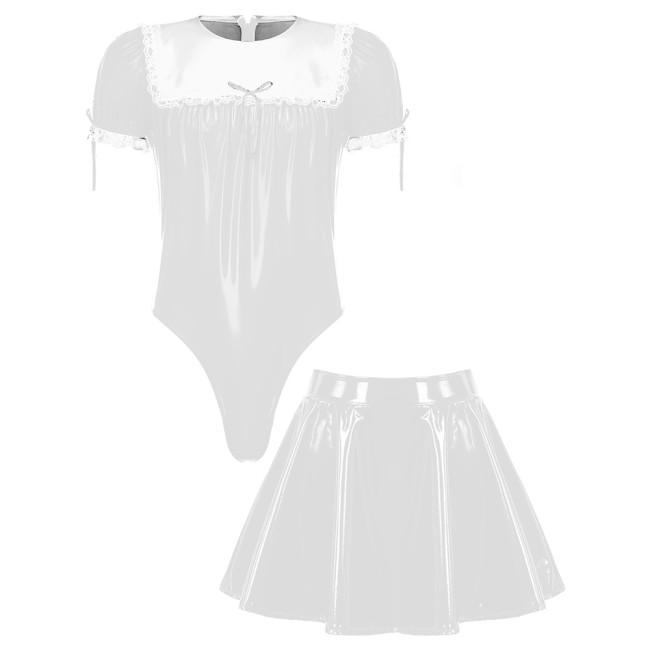 Wetlook PVC Mens Sissy 2 Piece Set Maid Costume Short Puff Sleeve Bodysuit with High Waist A-line Mini Skirts Cosplay Clubwear