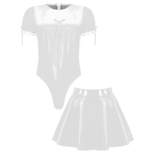 Wetlook PVC Mens Sissy 2 Piece Set Maid Costume Short Puff Sleeve Bodysuit with High Waist A-line Mini Skirts Cosplay Clubwear