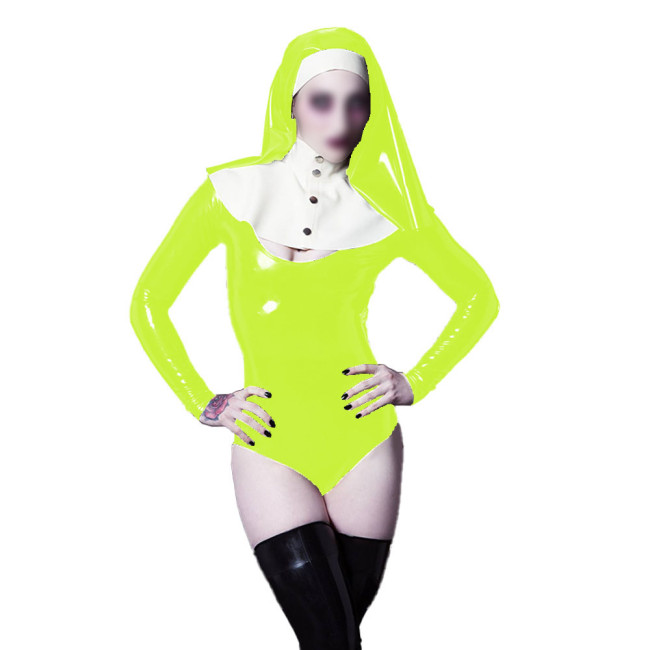 Wetlook Nun Cosplay Costume Sexy V-neck Long Sleeve PVC Bodysuit with Nun Habit Headgear Halloween Party Sister Role Play Outfit