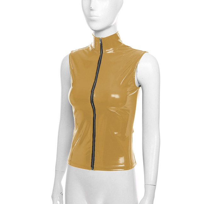 Sleeveless High Steet PVC Shiny Leather Jackets for Womens Zipper Stand Collar Slim Club Female Wetlook T-shirts Fetish Costume