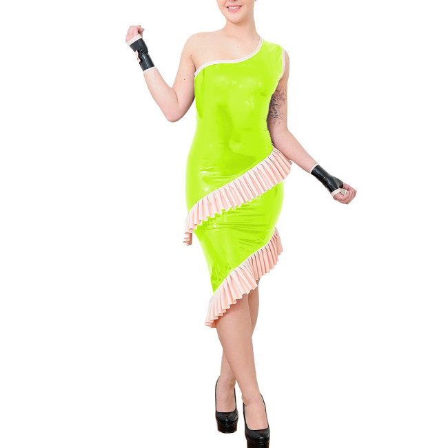 Ladies One-shoulder Sheath Cocktail Party Midi Dress Sexy Shiny PVC Leather Sleeveless Prom Dresses Wetlook Nightclub Vestidos