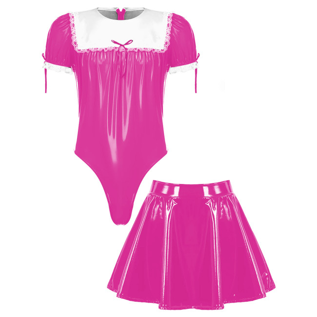 Wetlook PVC Mens Sissy 2 Piece Set Maid Costume Short Puff Sleeve Bodysuit with High Waist A-line Mini Skirts Cosplay Clubwear