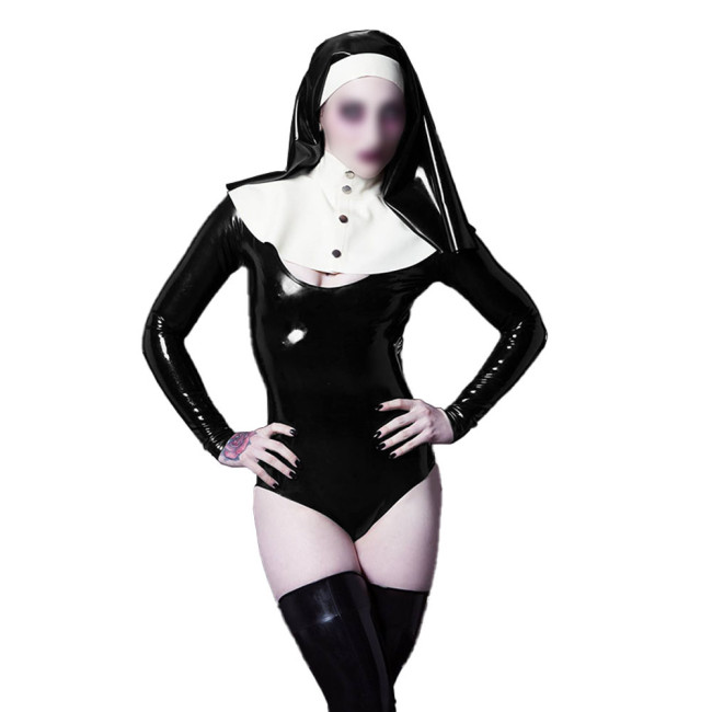 Wetlook Nun Cosplay Costume Sexy V-neck Long Sleeve PVC Bodysuit with Nun Habit Headgear Halloween Party Sister Role Play Outfit