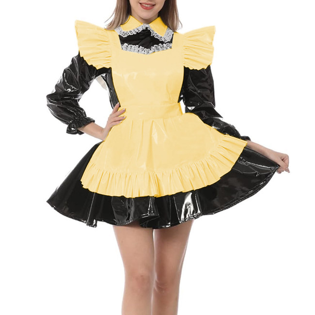 Long Sleeve A-line Maid Dress with Apron Wetlook PVC Leather Turn-down Neck Maid Uniform Exotic French Party Cosplay Costume 7XL