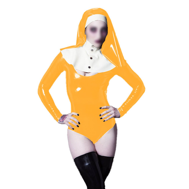 Wetlook Nun Cosplay Costume Sexy V-neck Long Sleeve PVC Bodysuit with Nun Habit Headgear Halloween Party Sister Role Play Outfit