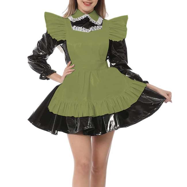 Long Sleeve A-line Maid Dress with Apron Wetlook PVC Leather Turn-down Neck Maid Uniform Exotic French Party Cosplay Costume 7XL
