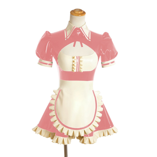 Fetish PVC Short Sleeve Mini Maid Uniform Sexy Hollow Out Chest Ruffles Apron Maid Dress Glossy Faux Leather Role Play Clubwear