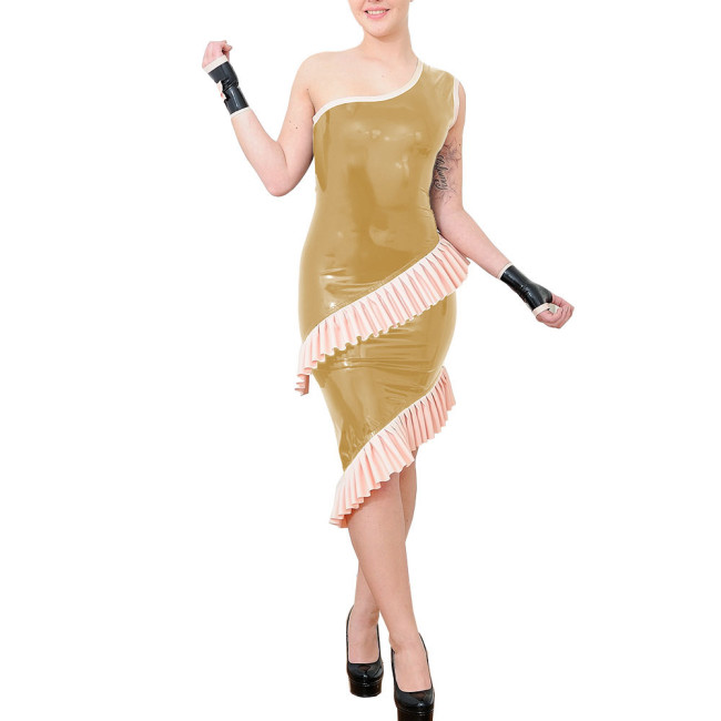Ladies One-shoulder Sheath Cocktail Party Midi Dress Sexy Shiny PVC Leather Sleeveless Prom Dresses Wetlook Nightclub Vestidos