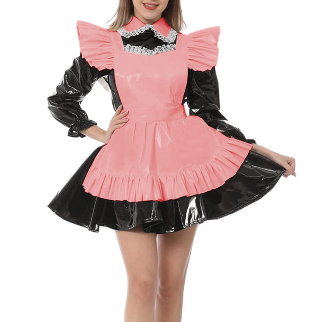 Long Sleeve A-line Maid Dress with Apron Wetlook PVC Leather Turn-down Neck Maid Uniform Exotic French Party Cosplay Costume 7XL