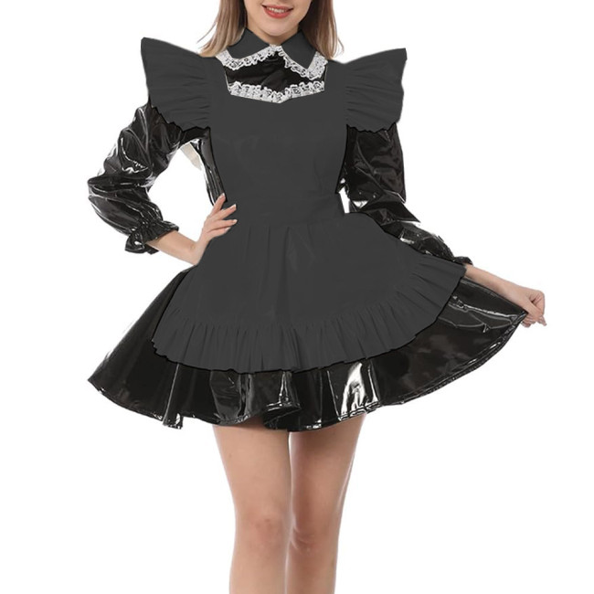 Long Sleeve A-line Maid Dress with Apron Wetlook PVC Leather Turn-down Neck Maid Uniform Exotic French Party Cosplay Costume 7XL