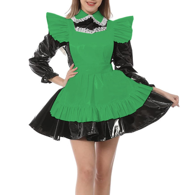 Long Sleeve A-line Maid Dress with Apron Wetlook PVC Leather Turn-down Neck Maid Uniform Exotic French Party Cosplay Costume 7XL