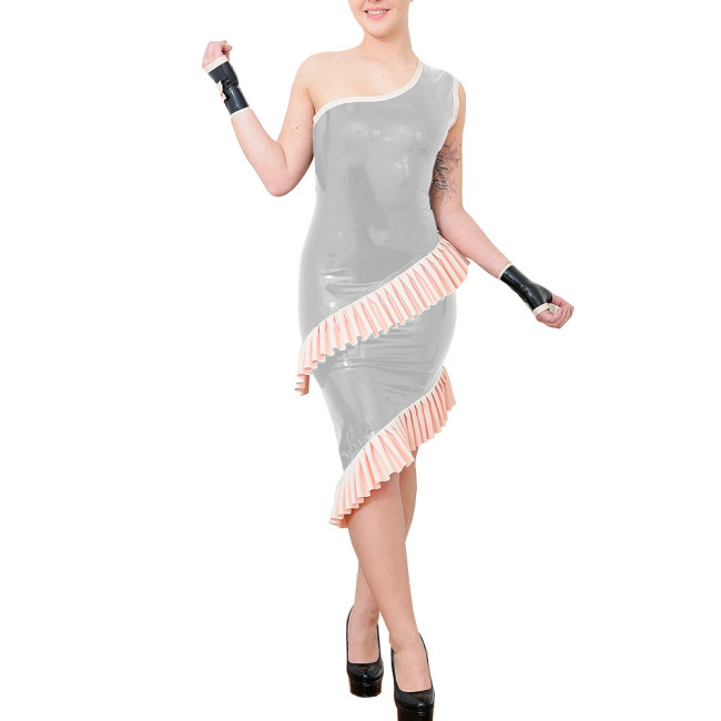 Ladies One-shoulder Sheath Cocktail Party Midi Dress Sexy Shiny PVC Leather Sleeveless Prom Dresses Wetlook Nightclub Vestidos