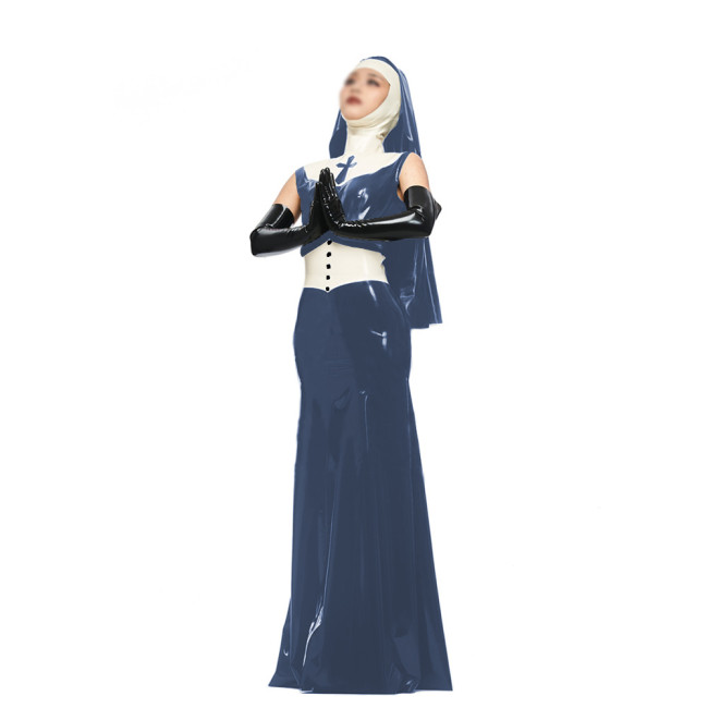 Halloween Nun Dress Suit Shiny PVC Sleeveless Long Nun Dress with Headgear Belt Wetlook Party Cosplay Uniform Sister Costume 7XL