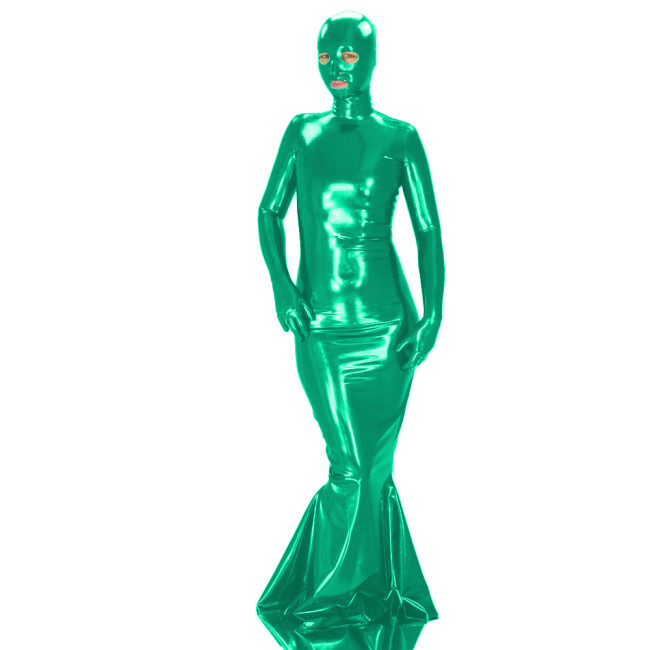 Exotic Sexy Glossy PVC Leather Gloved Long Sleeve Dress with Mask Novelty Wet Look Bodycon Maxi Dress Raves Party Lady Outfits