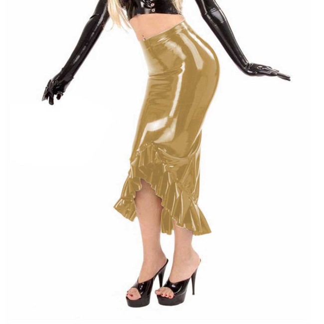 Elegant Faux Latex Look Midi Pencil Skirt Glossy PVC Leather High Waist Ruffles Skirt Women Sexy Bodycon Mermaid Skirts Clubwear