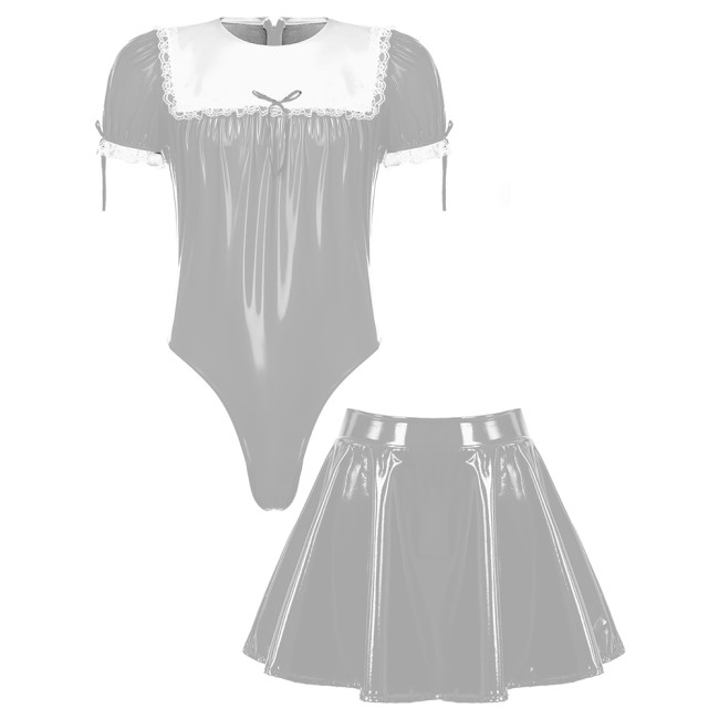 Wetlook PVC Mens Sissy 2 Piece Set Maid Costume Short Puff Sleeve Bodysuit with High Waist A-line Mini Skirts Cosplay Clubwear