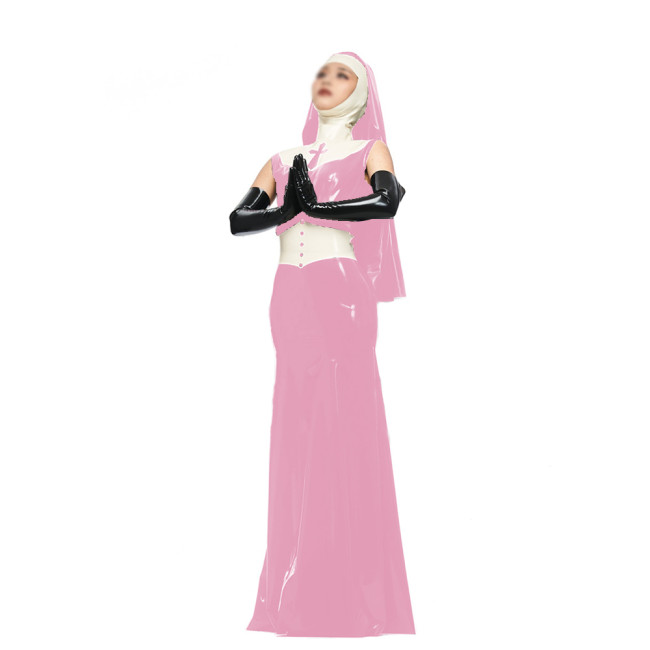 Halloween Nun Dress Suit Shiny PVC Sleeveless Long Nun Dress with Headgear Belt Wetlook Party Cosplay Uniform Sister Costume 7XL