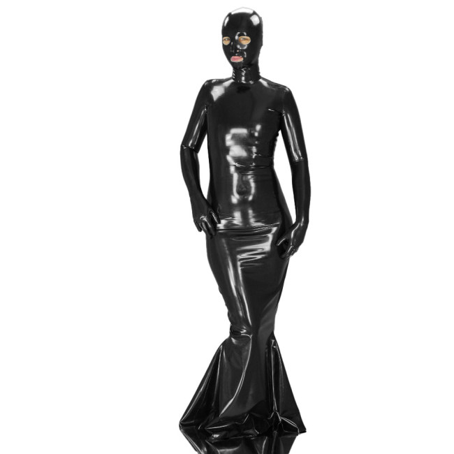 Exotic Sexy Glossy PVC Leather Gloved Long Sleeve Dress with Mask Novelty Wet Look Bodycon Maxi Dress Raves Party Lady Outfits