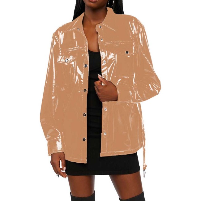 Women Shiny Long Sleeve PVC Leather Belted Jackets Ladies Wetlook Turn-down Collar Shirt Trench Coat Fashion Solid Streetwear