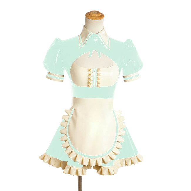 Fetish PVC Short Sleeve Mini Maid Uniform Sexy Hollow Out Chest Ruffles Apron Maid Dress Glossy Faux Leather Role Play Clubwear