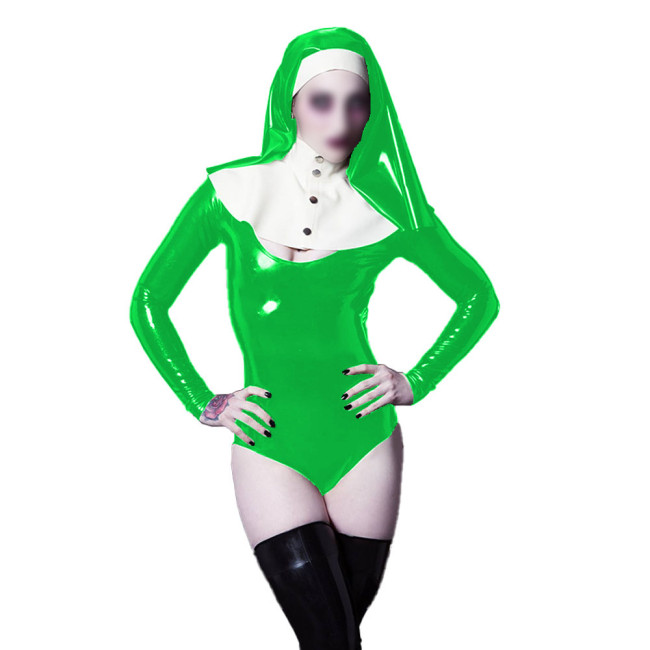 Wetlook Nun Cosplay Costume Sexy V-neck Long Sleeve PVC Bodysuit with Nun Habit Headgear Halloween Party Sister Role Play Outfit