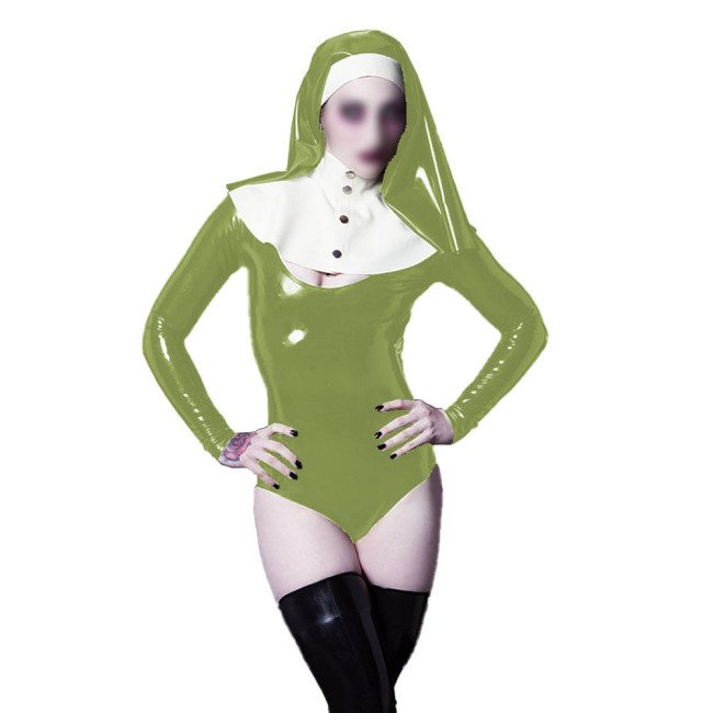 Wetlook Nun Cosplay Costume Sexy V-neck Long Sleeve PVC Bodysuit with Nun Habit Headgear Halloween Party Sister Role Play Outfit