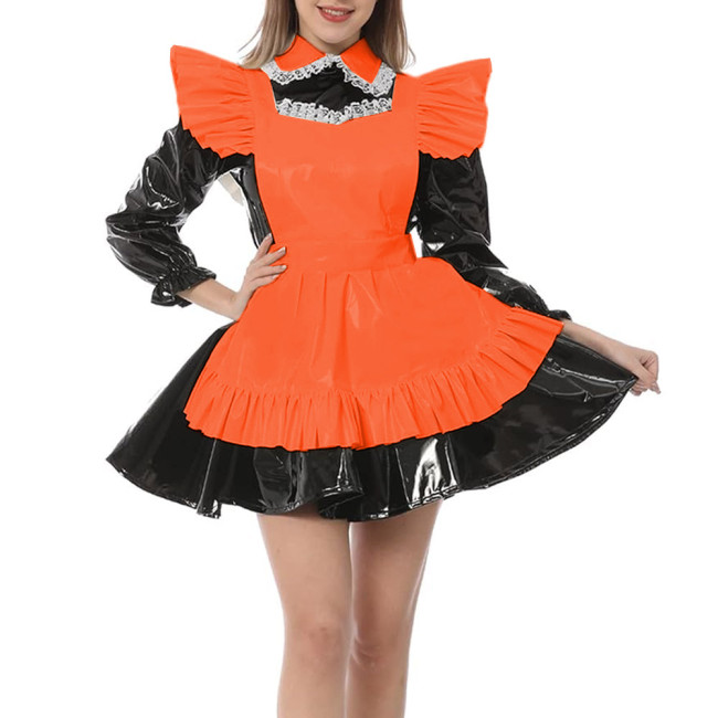 Long Sleeve A-line Maid Dress with Apron Wetlook PVC Leather Turn-down Neck Maid Uniform Exotic French Party Cosplay Costume 7XL
