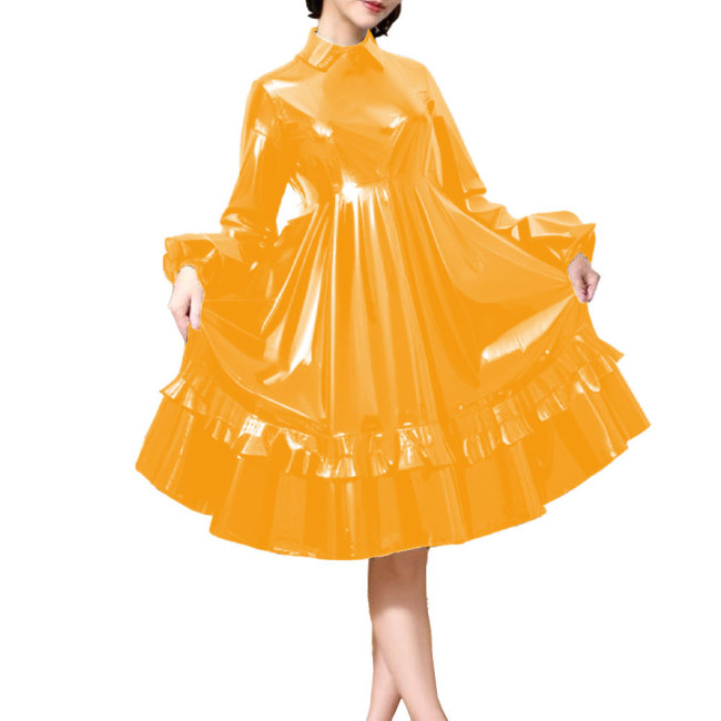 Party Turn Down Collar Wetlook PVC Leather Lolita Dress Long Puff Sleeve A-Line Pleated Midi Dress Elegant Lady High Waist Dress