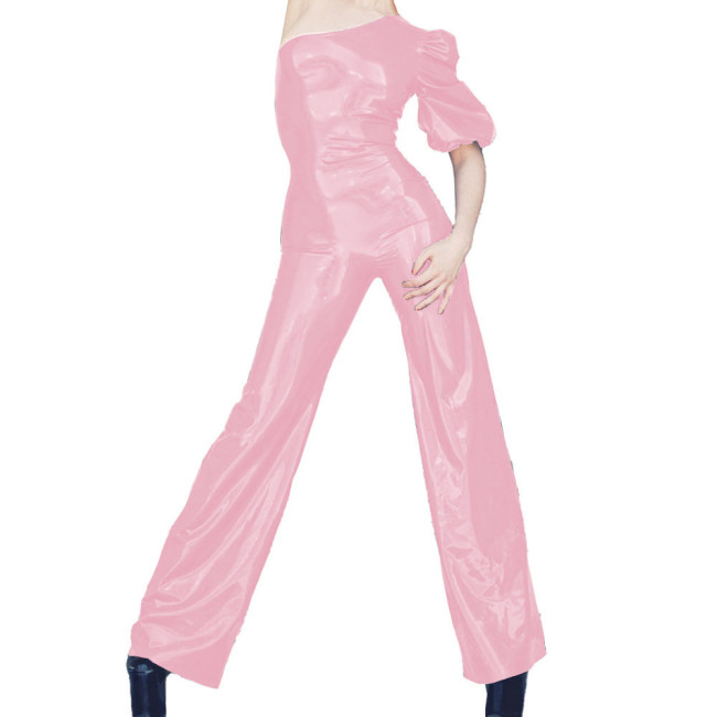Women's Wet PVC Leather One Shoulder Jumpsuits Evening Puff Short Sleeve Shiny Club Party Rompers Female Wide Leg Pants Clubwear