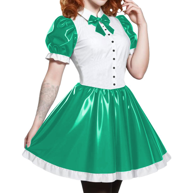 Short Sleeve Cosplay Student Mini Dress PVC Turn-down Collar With Bow Preppy Style Uniforms  A-line Dress With Front Buttons 7XL
