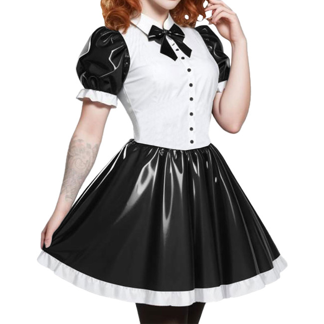 Short Sleeve Cosplay Student Mini Dress PVC Turn-down Collar With Bow Preppy Style Uniforms  A-line Dress With Front Buttons 7XL