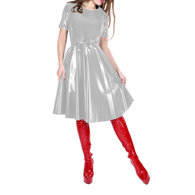 Office Lady O-neck Glossy Solid Color Knee-Length PVC Dress Female Short Sleeve Elegant A-line Dress with Belt Women's Clothing