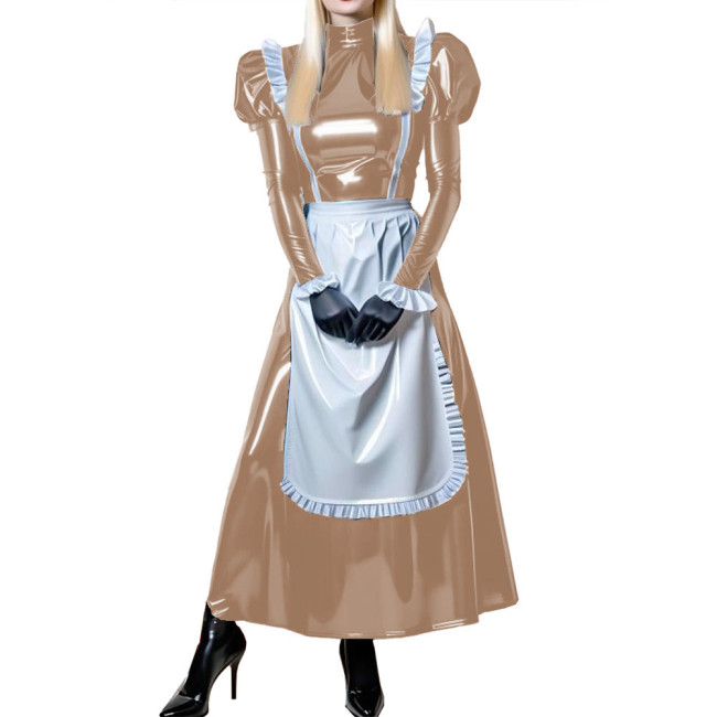 Retro Shiny Long French Maid Uniform Dress Halloween Cosplay Long Puff Sleeve Maid Dresses Wet PVC Leather French Servant Outfit