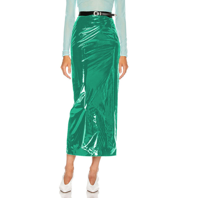 Shiny PVC Leather Midi Skirts Women High Waist Slim Office Lady Stretch Skinny Pencil Skirt Sexy Hems Split Wetlook Club Skirts
