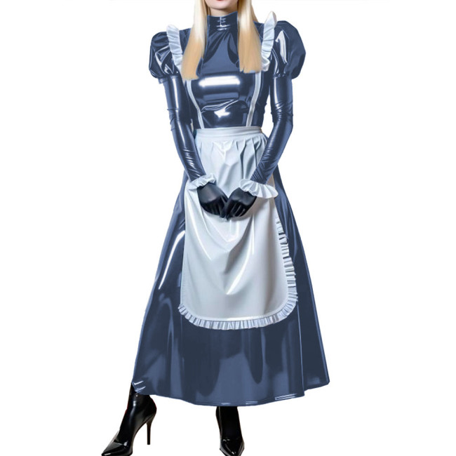 Retro Shiny Long French Maid Uniform Dress Halloween Cosplay Long Puff Sleeve Maid Dresses Wet PVC Leather French Servant Outfit