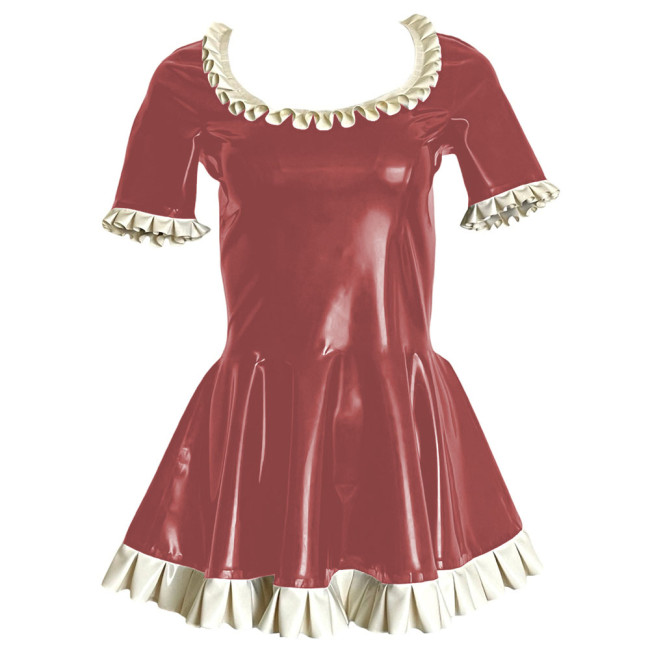 Sweet Ruffles Short Sleeve Paty Mini Dress Shiny PVC Leather Scoop Neck A-line Pleated Short Dress Wetlook Cosplay Clubwear 7XL