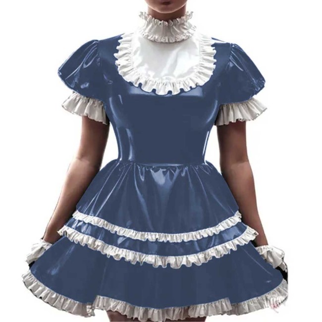 New Arrival Sissy French Maid Costume Shiny PVC Short Puff Sleeve Lolita Uniform Latex Anime Cosplay Lace Sweet Dress 7XL