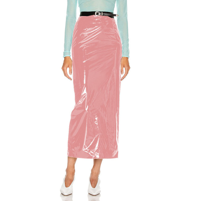 Shiny PVC Leather Midi Skirts Women High Waist Slim Office Lady Stretch Skinny Pencil Skirt Sexy Hems Split Wetlook Club Skirts