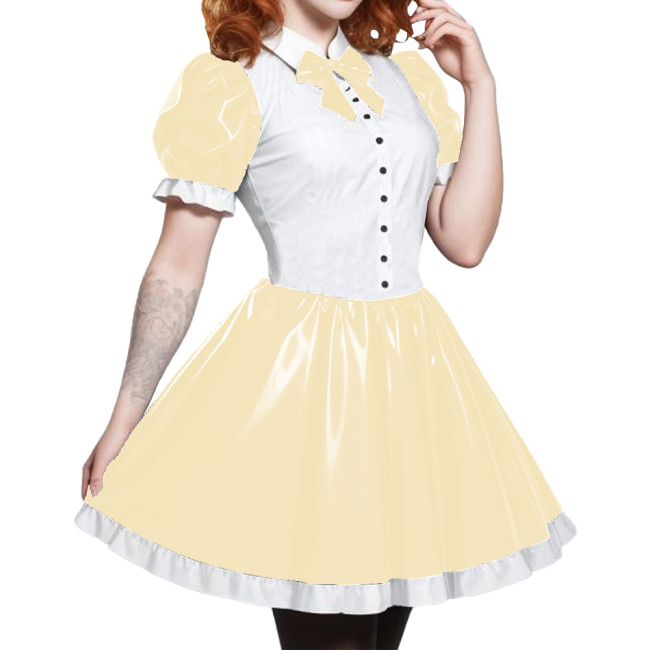Short Sleeve Cosplay Student Mini Dress PVC Turn-down Collar With Bow Preppy Style Uniforms  A-line Dress With Front Buttons 7XL