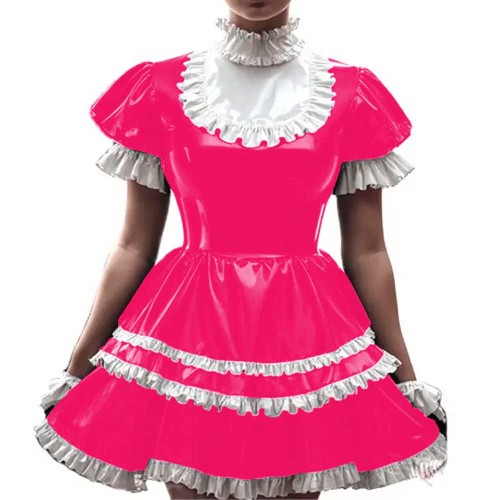 New Arrival Sissy French Maid Costume Shiny PVC Short Puff Sleeve Lolita Uniform Latex Anime Cosplay Lace Sweet Dress 7XL