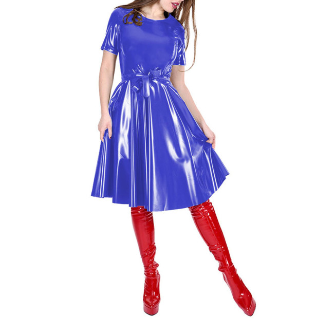 Office Lady O-neck Glossy Solid Color Knee-Length PVC Dress Female Short Sleeve Elegant A-line Dress with Belt Women's Clothing